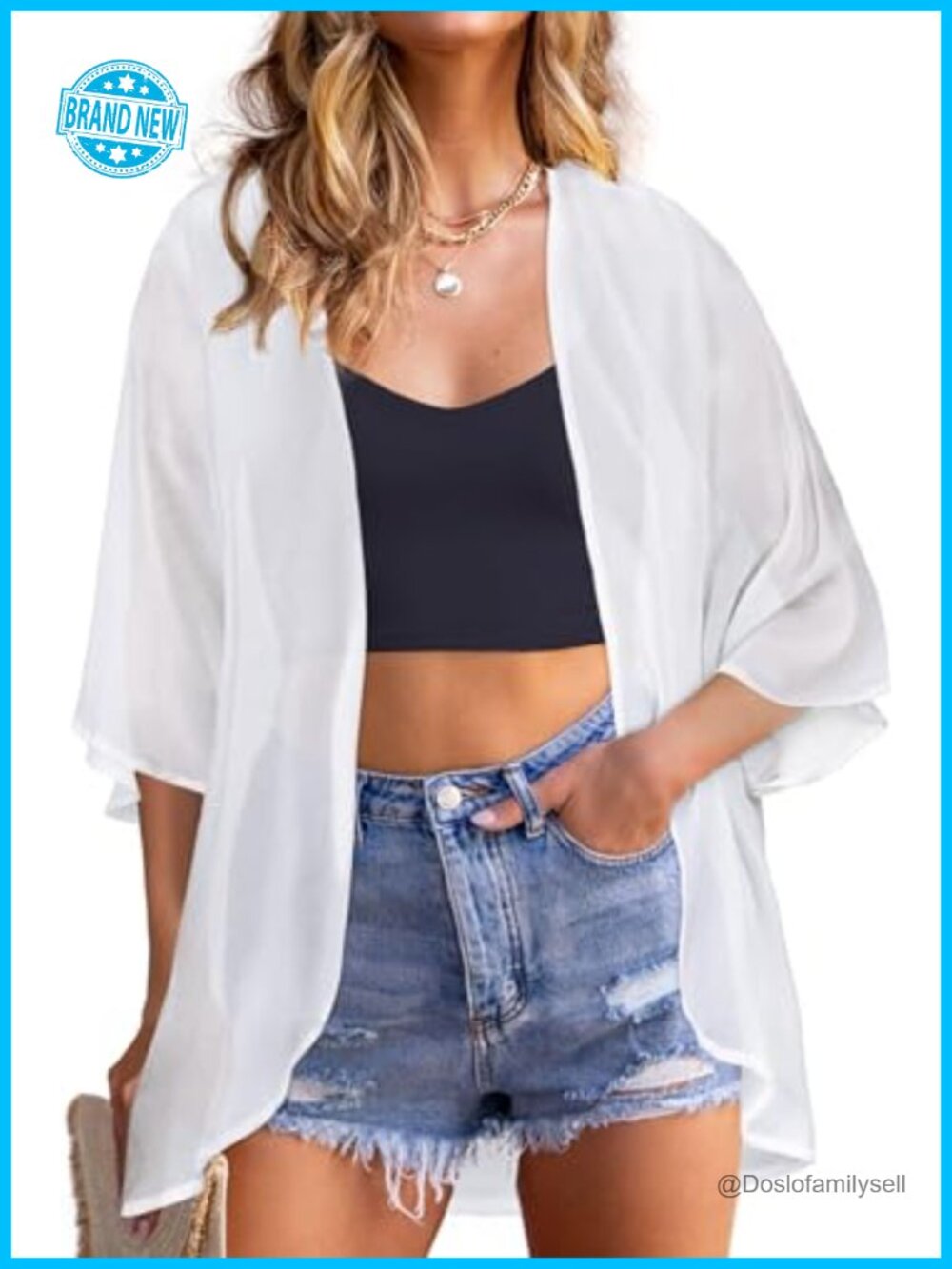 Women Chiffon Kimono Cardigan Sheer 3/4 Sleeve Cover Up Beach Top